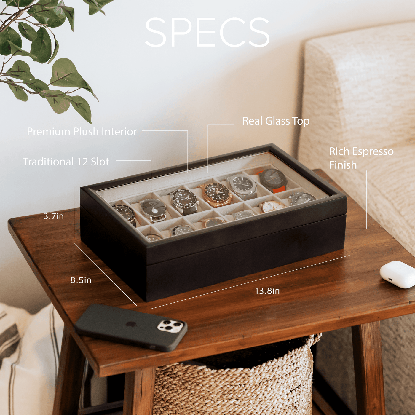 Solid Wood Watch Box - 12 Slot