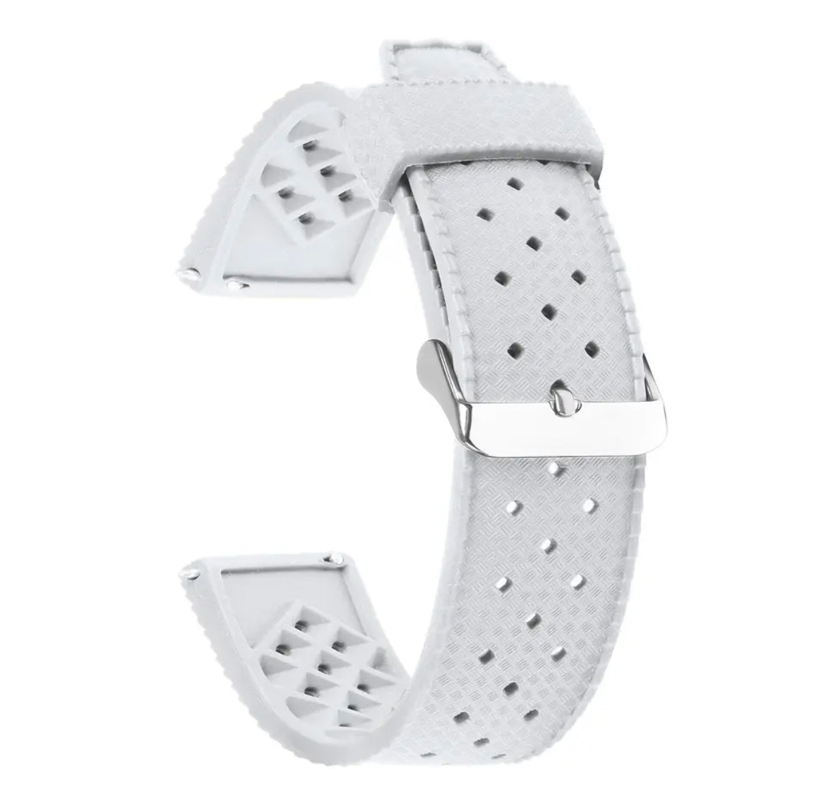 White perforated leather watch strap on a white background